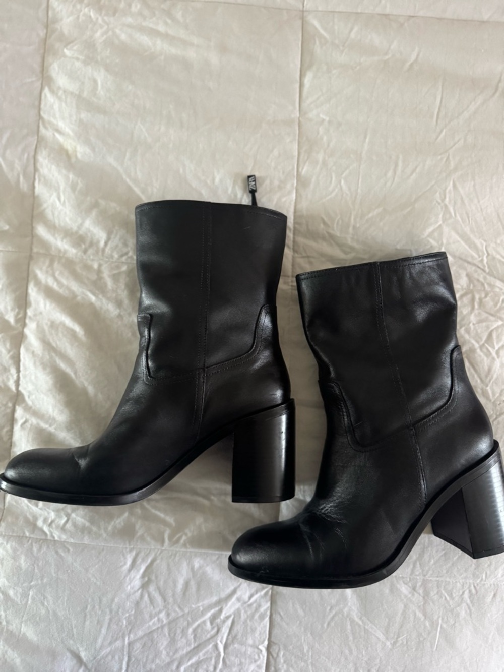 Zara Black Leather Block Heel Boots